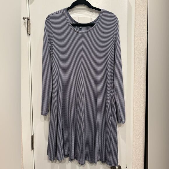 🌞 Toad & Co Daisy Rib Long Sleeve Swing Dress Size L Blue Red Stripe Pockets - Picture 1 of 7